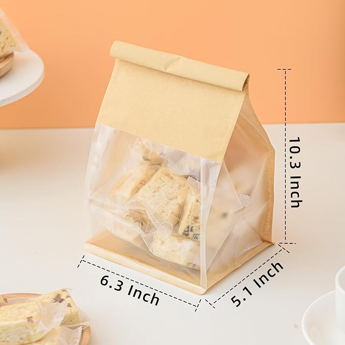 50 Pcs 6.3 Inch Brown Kraft Paper Bread Bags with Tin Tie, Small Homemade Bread Packing Bag, Thickened Storage Bagel Bag with Clear Window for Sourdough, Baked