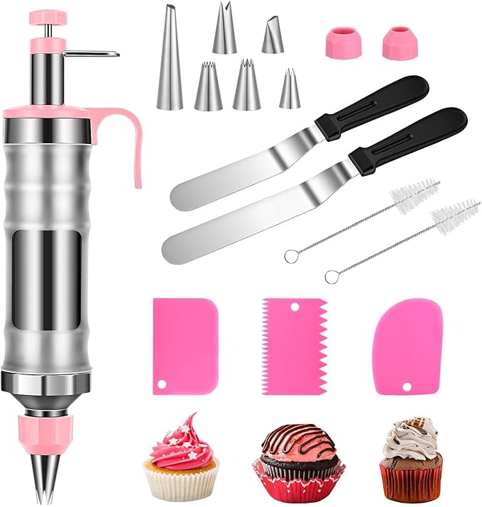 Dessert Decorating Syringe Set, Cake Icing Gun with 6 Russian Piping Nozzles & Cream Scraper, Stainless Steel Frosting Piping Kit for Cupcake, Cake Decorating Tools