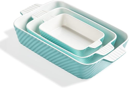 Sweejar Ceramic Baking Dish Set, Cake Baking Dish for Brownie, Porcelain Striped Casserole Dishes for Oven with Handle for Lasagna, Family Dinner(Turquoise)