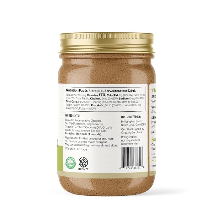 Philosopher Foods - Creamy Alchemy Organic Sprouted Almond Nut Butter - 16 oz - Stone Ground Regenerative Organic Creamy Almond Butter with Coconut Oil, Vanilla, and Ancient Seabed Salt