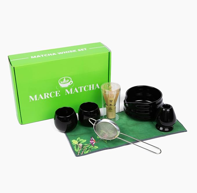 Matcha Whisk Set- Matcha Set includes Matcha Whisk and Bowl (Bowl with Spout), Sifter, Holder and Scoop- The Perfect Bamboo Whisk for Matcha Tea (Black- 7PC)