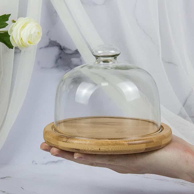 Glass Dessert Dome with Base, Mini Decorative Cake Tray with Glass Dome Cover, 5.9" Cake Fruit Display Server Tray for Kitchen, Birthday, Wedding, Appetizer Dessert and Cheese Serving Platter