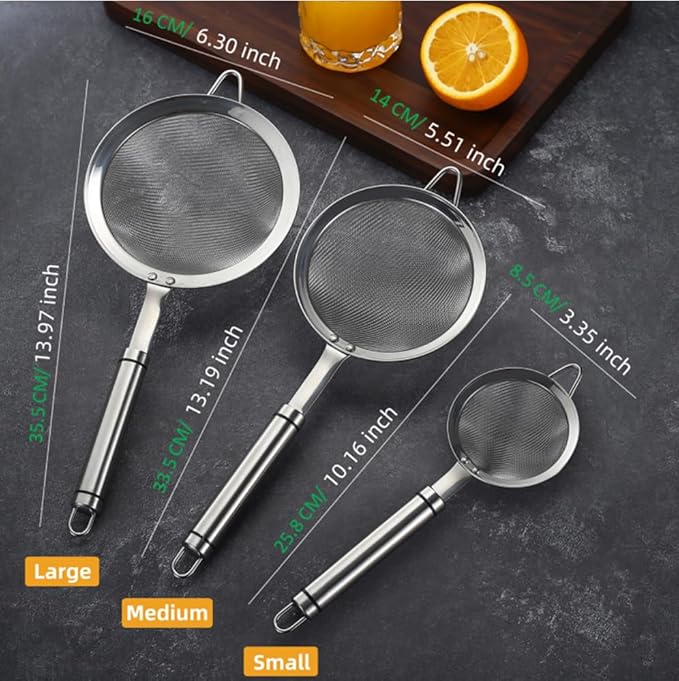 5.5inch 304 Stainless Steel Fine Mesh Strainer for Kitchen, Colander-Skimmer with Handle, Metal Sieves Sifters