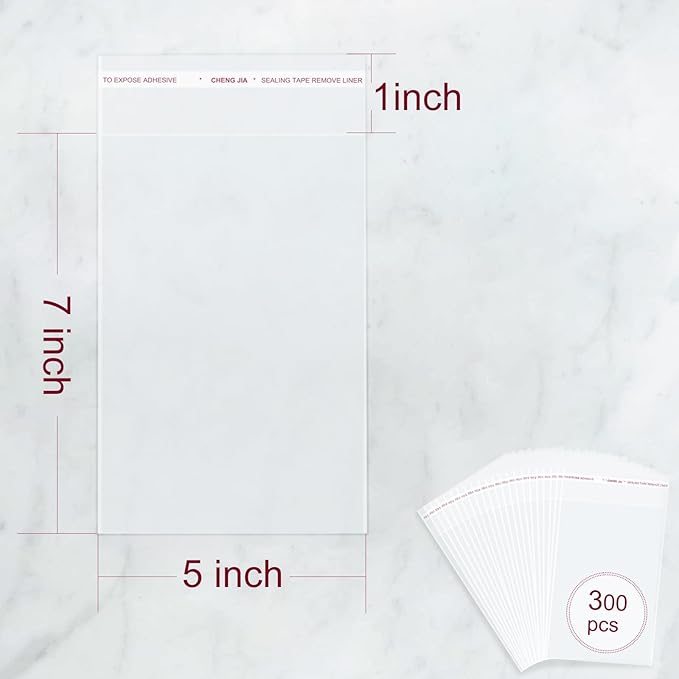 300PCS Clear Self Sealing Cellophane Bags - Cookie, Candy & Bread Bags (5x7 Inches)