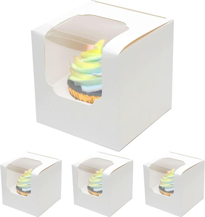 qiqee 60-Packs Cupcake Boxes Auto-pop up Individual Cupcake Container White 3.5" x 3.5" x 3.5" Single Cupcake Boxes