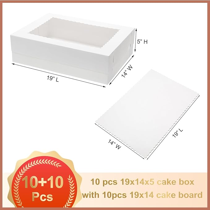 10pcs 19x14x5 Half Sheet Cake Boxes with 10pcs Cake Boards Rectangle 1/2 Sheet Bakery Boxes with Window for Pastry Baking Cake, Cupcakes, Donuts, Cookies, Pie Treat Packaging White Large
