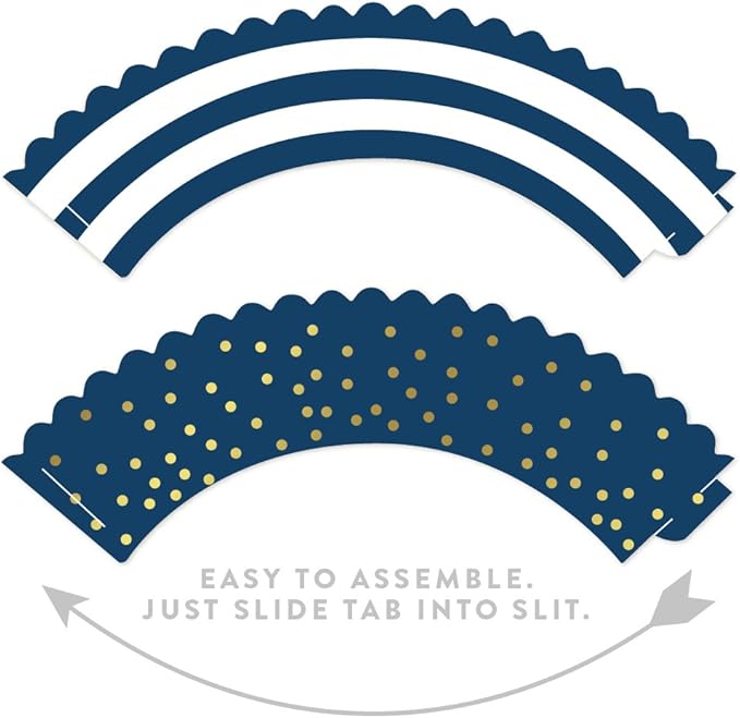 Andaz Press Party Cupcake Wrapper Decorations, Navy Blue Stripes and Metallic Gold Ink Polka Dots, 24-Pack, Theme Colored Bulk Cake Supplies