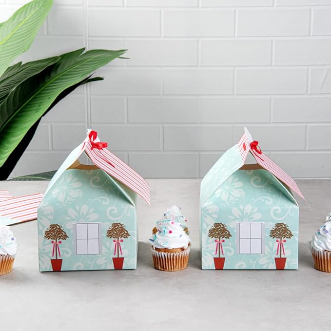 Restaurantware Pastry Tek 6 Inch x 7.8 Inch Cupcake Gift Boxes 100 Fits 4 Cupcake Favor Boxes - House Cupcake Inserts Pink And Blue Paper Treat Boxes With Window For Weddings Or Parties