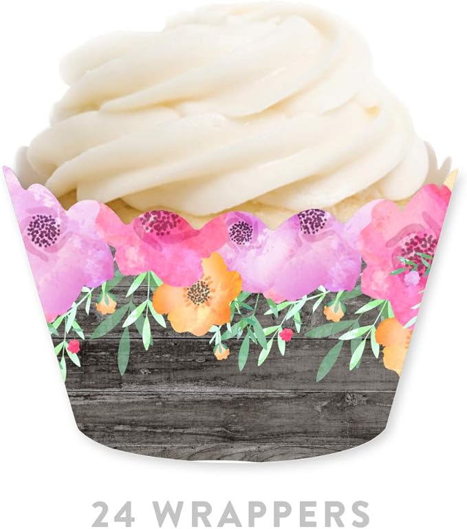 Andaz Press Party Cupcake Wrapper Decorations, Pink Floral Flowers on Gray Wood, 24-Pack, For Girls 1st Birthday Baby Bridal Shower Tea Party Themed Decorations