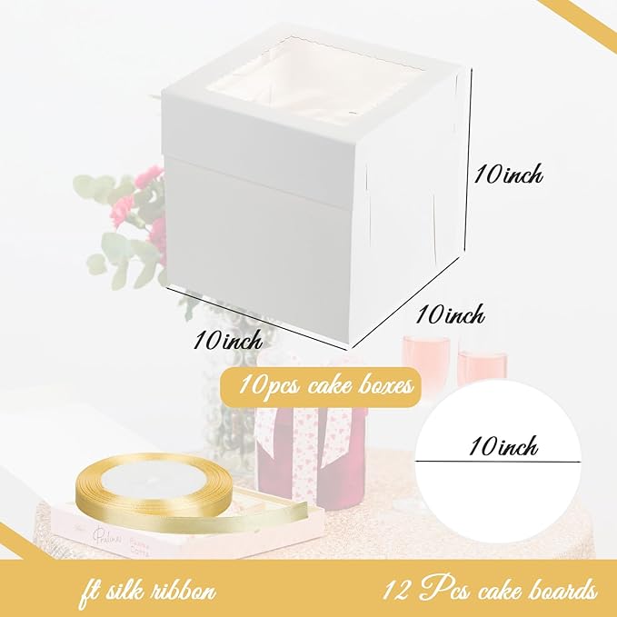12 Sets 10 Inch Cake Box with Boards 10x10x10 Tall Bakery Boxes with Window Disposable Tier Cakes Containers White Bakery Take Out Carrier for Wedding, Birthday, Party, Christmas
