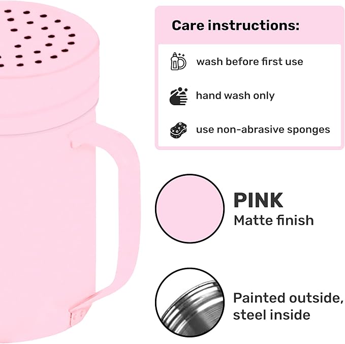 CUSINIUM 14oz Pink Stainless Steel Salt Pepper Dredge Shakers - With Plastic Cap - With Handle - Pack of 2