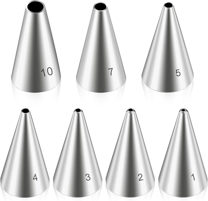 7 Pcs Round Piping Tips Cupcake Frosting Nozzles Set Stainless Steel Cake Decorating Tool Russian Pastry Icing Supplies for Baking Cream Bag Cookies Puff Doughnut Filler