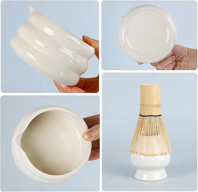 White Matcha Whisk Set, Ceramic Matcha Kit Set Includes Matcha Bowl, Matcha Whisk and Holder, Bamboo Scoop, Scoop Rest, Sifter and Tea Towel - 7 Pcs Matcha Kit for Matcha Lovers