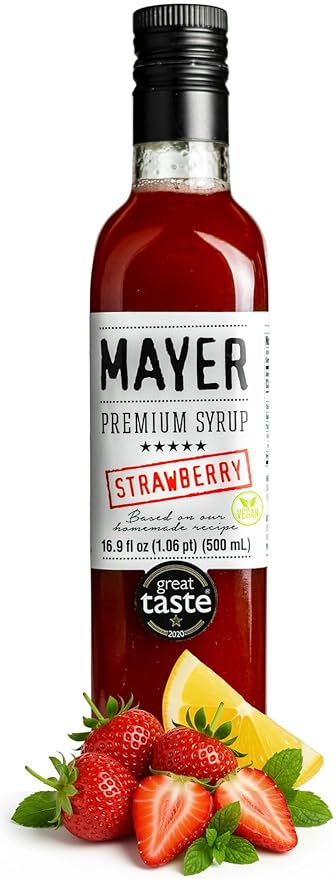 Mayer Premium Hungarian Strawberry Syrup - Award-Winning Artisanal Fruit Syrup, All-Natural, Over 50% Real Fruits, Vegan, Gluten-Free – Perfect Coffee Syrup, Cocktails & Dessert Topping (1 Pack)