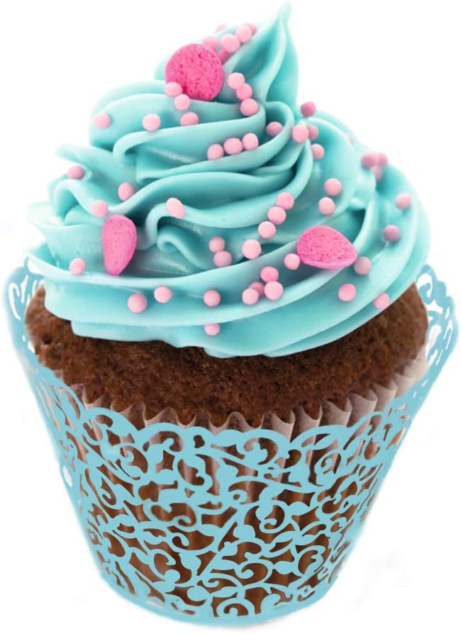 GOLF 100Pcs Cupcake Wrappers Artistic Bake Cake Paper Filigree Little Vine Lace Laser Cut Liner Baking Cup Wraps Muffin CaseTrays for Wedding Party Birthday Decoration (Blue)