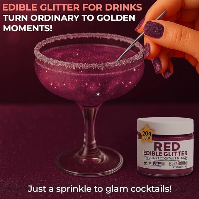 Bulk 20g Red Edible Glitter for Drinks | Premium Edible Glitter for Cakes, Cocktails, Red Cake Decorating Decorations Food Grade, Vegan, Kosher, Halal, Gluten Free - Made in USA