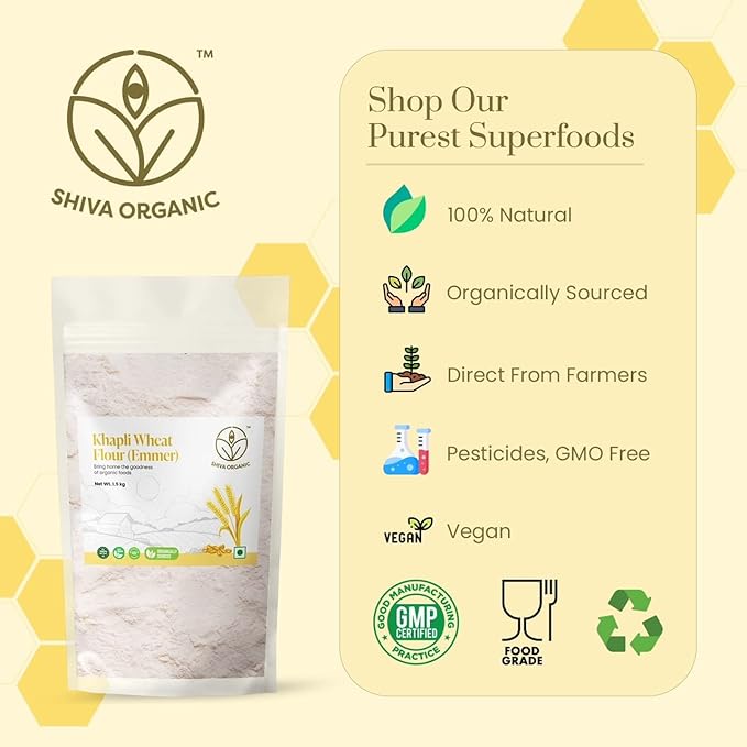 Shiva Organic Khapli Wheat Atta - 1.5 kg | Emmer Wheat Flour | High Fiber, Low Gluten, Ancient Grain with Abundant Bran