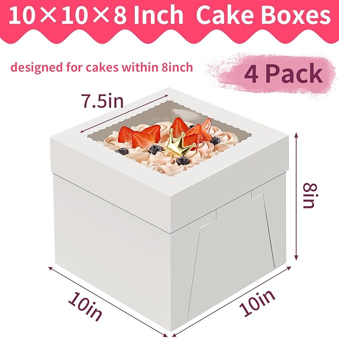 WINKIO 10x10x8 inch Cake Boxes, 4 Pack with Window, White Disposable Bakery Boxes for Cakes, Cookies, Pies, Cupcakes, Pastries