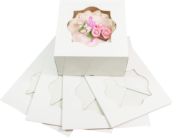 Global Sugar Art Auto-Popup Deep Square Cake Box with Window, White 8 x 8 x 5 Inches, 5 Count