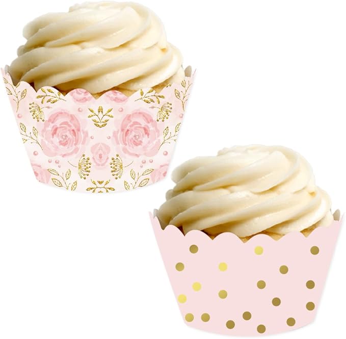 Andaz Press Party Cupcake Wrapper Decorations, Pink Roses and Pink with Metallic Gold Ink Polka Dots, 24-Pack, Girl Baby Shower 1st Birthday