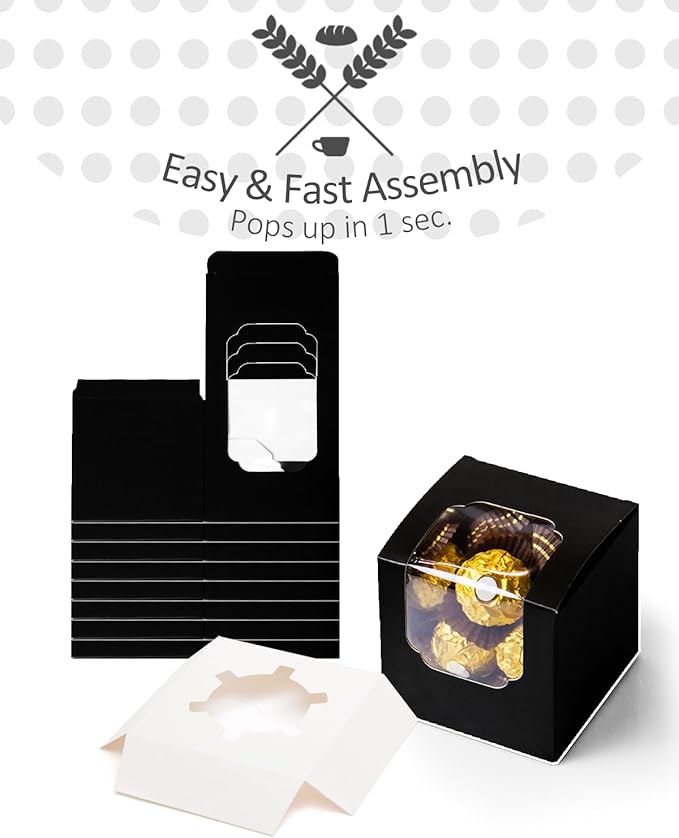 qiqee Black Cupcake Boxes Individual Cupcake Container 100pcs 3.5" x 3.5" x 3.5" Auto-Pop up Single Cupcake Boxes(100 Boxes+100 Inserts)
