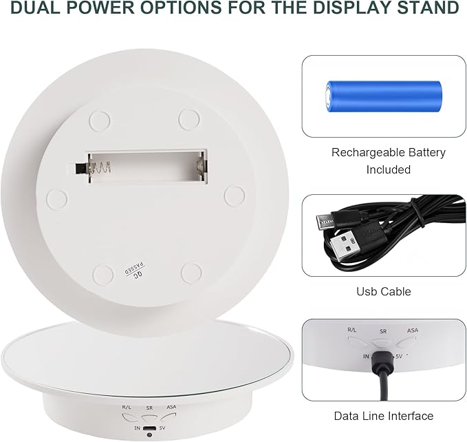 7.87'' Rotating Display Stand Motorized Rotating Display Stand, 22 lbs Load Electric Turntable with Mirror Cover, Lazy Susan Showcase with USB for Jewelry Photography 3D Model Cake, White