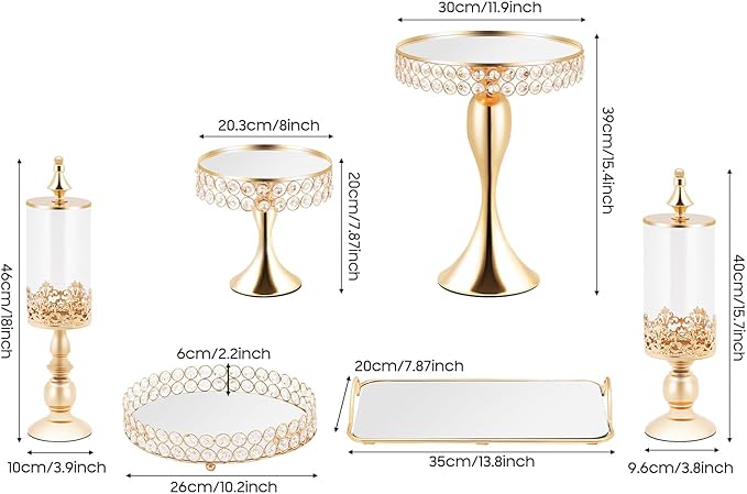 Pack of 10 Cake Stand Set with 4 x Candy Jars, 3 x Cake Stands, 2 x Round Cake Trays, 1 x Serving Tray, Dessert Table Display Set with Crystal Beads for Birthday Baby Bridal Shower Party