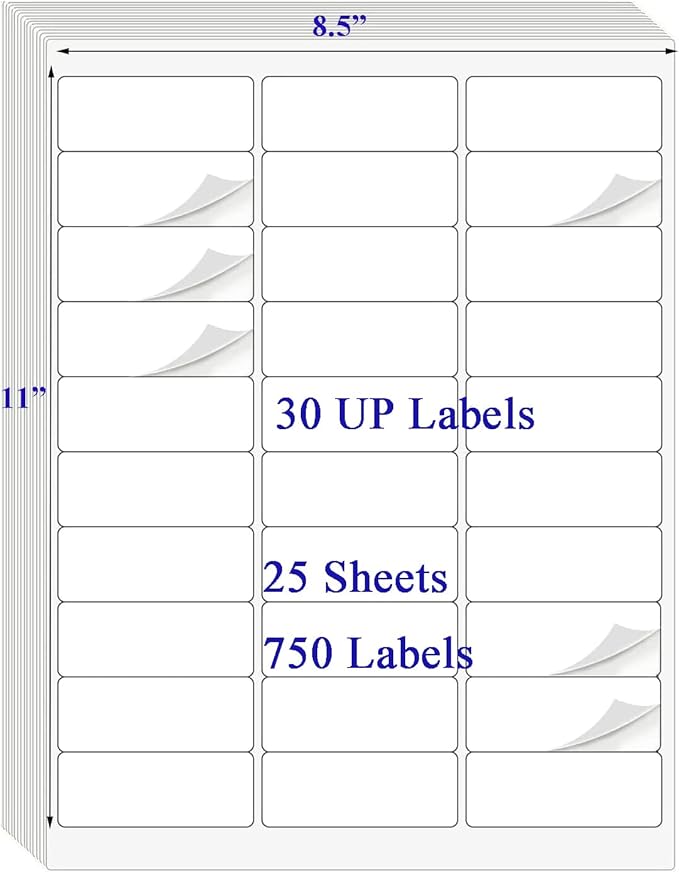 30 UP Labels 1"x2-5/8" Mailing Labels Shipping Address FBA Labels for Laser/Inkjet Printers, White Blank Sticker Name Tags, Printable Address Labels (25 Sheets, 750 Labels)