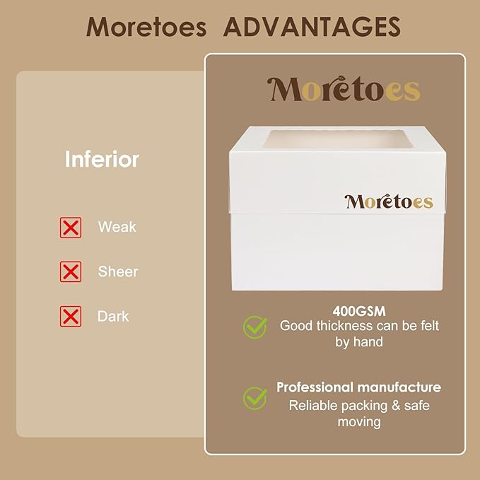 Moretoes 15Pcs Cake Boxes, 12x12x8 Inch White Bakery Boxes with Window Cake Containers Tall Dessert Cardboard Boxes