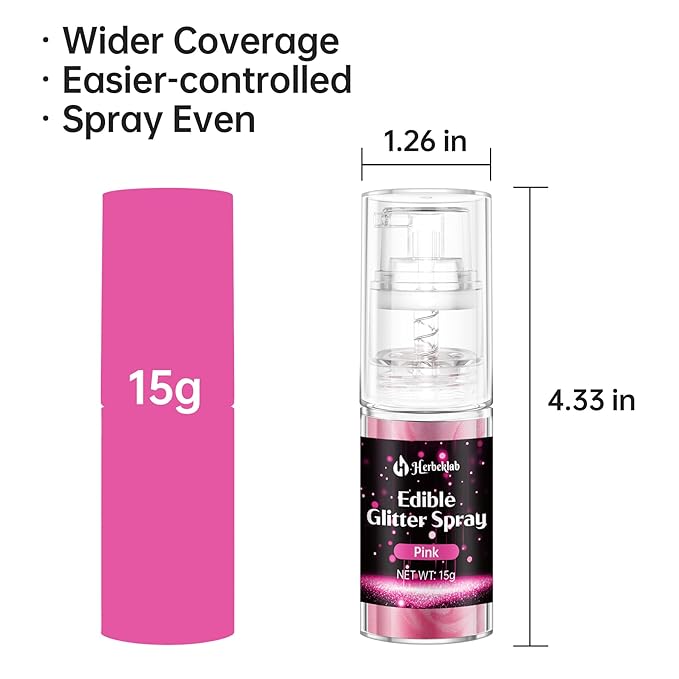 Pink Edible Glitter Spray - 15g Food Grade Pink Luster Dust Shimmer Powder Spray for Cakes, Cookies, Chocolate, Strawberries, Drinks & Cocktails