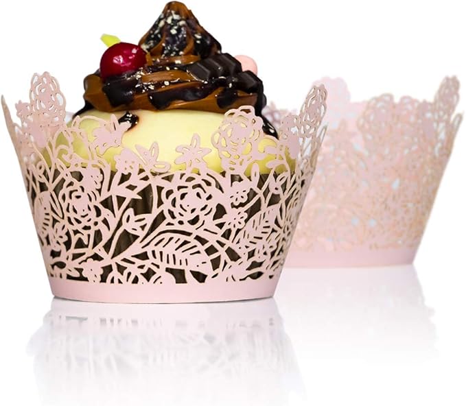 YOZATIA 60pcs Pink Rose Lace Cupcake Wrappers Holders, Laser Cut Cupcake Liners Decorative Liners for Wedding Party Birthday Cake Decoration Supplies