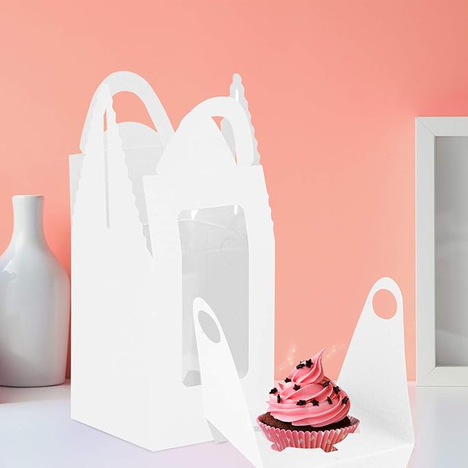 Cupcake Boxes, 30 Pack Individual Single With Clear Window Inserts Handle - Muffins Carriers Pastry Containers (White)