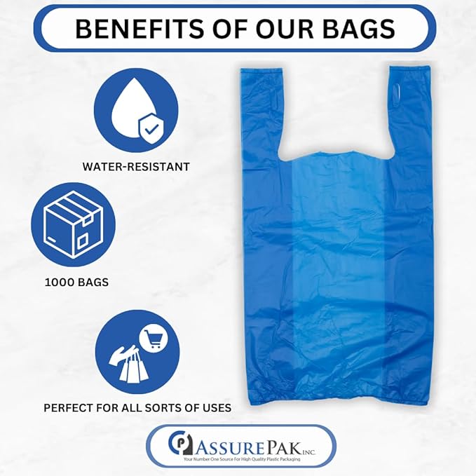 Easy Open - 1000 Bags- Colored Unprinted HDPE T-Shirt Bags - 1/6 BBL 11.5"X6"X21" - 13 microns - Blue - LOOP-BLUE-EO - AssurePak