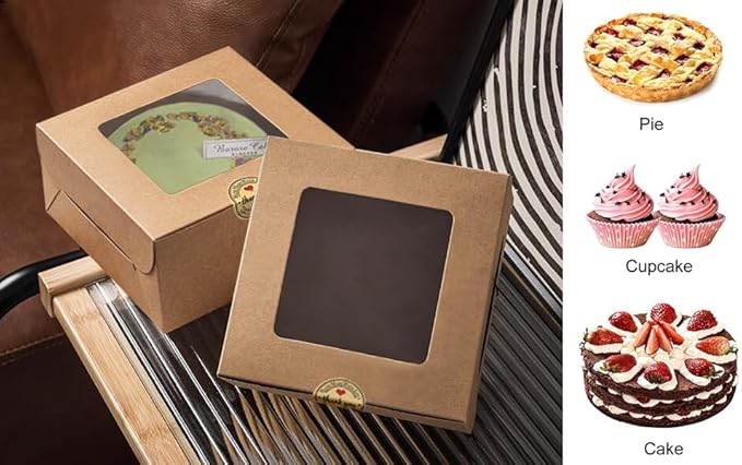 SmilerSmile 8x8x5 Inches Cake Boxes with Windows 20pcs 8 Inch Cake Box Bakery Boxes Kraft Pastry Boxes Disposable Cake Containers for Cakes,Pastries,Pies,Dessert/Brown
