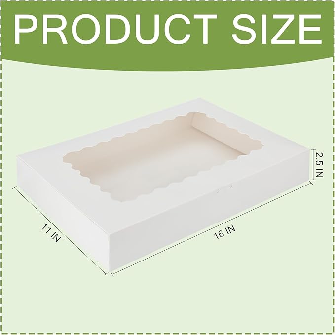 20-Pack 16"x11"x2.5" White Bakery Boxes with Window,Auto-Popup Large Cookie Boxes for Pies,Cakes,Muffins,and Pastries