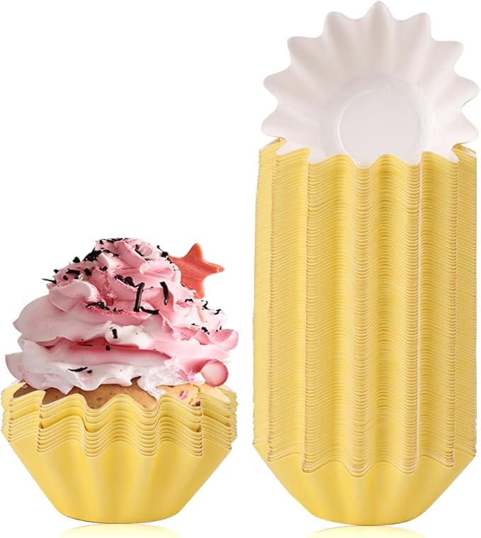 100 PCS Baking Cups Cupcake Liner Flared Brioche Standard Muffin Wrappers Greaseproof Coated Paper Cup for Wedding Birthday Holiday Party or Baby Shower (Yellow)