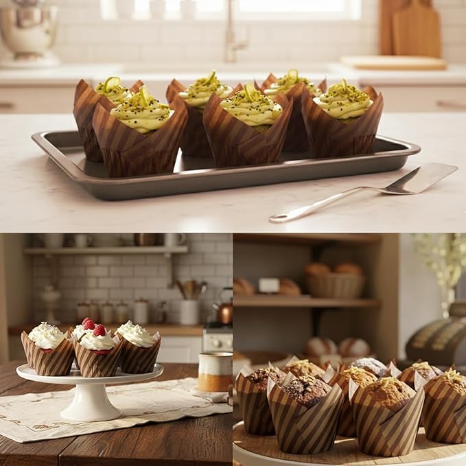 200 Pieces Tulip Cupcake Muffin Liners Greaseproof Paper Baking Cups Cupcake Wrappers for Birthday Wedding Party Baby Showers Catering Restaurants(Stripe Coffee)