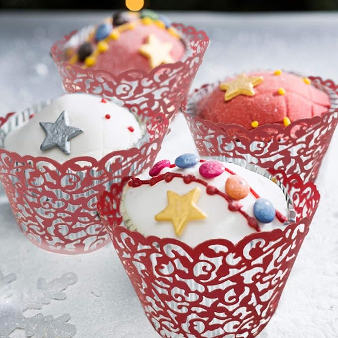 GOLF 100Pcs Christmas Cupcake Wrappers Artistic Bake Cake Paper Filigree Little Vine Lace Laser Cut Liner Baking Cup Wraps Muffin CaseTrays for Wedding Party Birthday Decoration (Red)