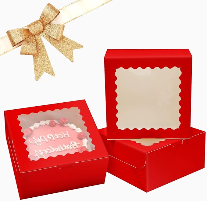 Bakepacker 36pcs 10x10x5 Inches Red Cake Boxes with Window 18-Packs, 10 Inch Bakery Boxes (18 Cake Boxes +18 Cake Boards Included)