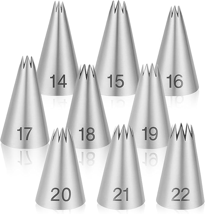 9 Pieces Open Star Piping Tips Set, French Star Tube Set, Stainless Steel Icing Tips, Star Pastry Tips, Frosting Nozzle Kit for Cake Decorating, Sizes 14-22