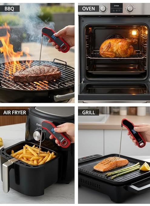 Instant Read Meat Thermometer Digital with Auto Rotate Large LCD Display & Sleep Mode, ±0.5°F Accuracy, IP67 Waterproof Cooking Thermometer for BBQ Grill Smoker Candy