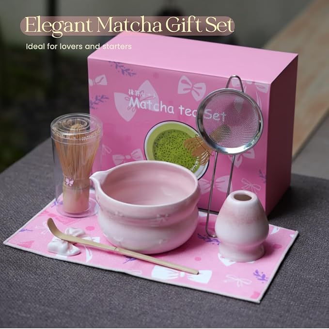 7pcs soft pink matcha whisk set with cute bow and heart motif - complete kit includes bamboo whisk, bowl, stand, scoop, sifter, tea towel -ideal gift for women and Japanese tea ceremony