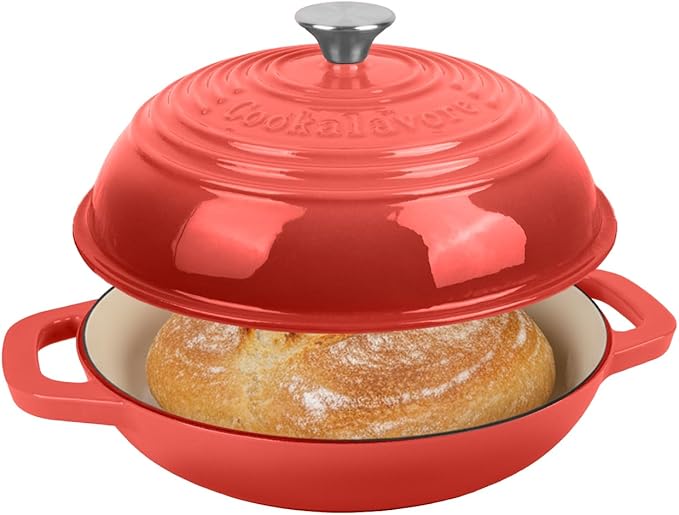 Premium Enameled Cast Iron Dutch Oven for Bread Baking | Non-Stick 5QT Oval Bread Oven with Lid | Perfect for Sourdough, Loaf, and Artisan Baking (Round Red, 5 QT)
