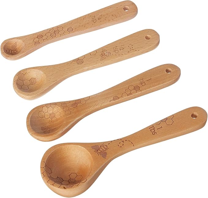 Talisman Designs Laser Etched Beechwood Measuring Spoons | Set of 4 | Honey Bee Design | Natural Wooden Measuring Spoons Set | Cute & Functional Kitchen Tools