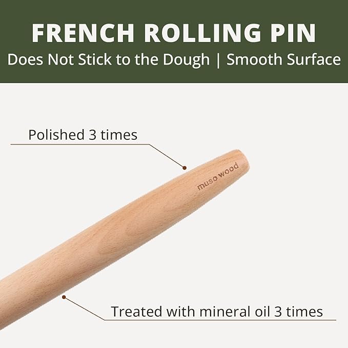 Muso Wood French Rolling Pin and Silicone Baking Mat Set, 15.75 Inch Beech Wood Tapered Rolling Pin for Fondant Pie Crust Cookie Pastry