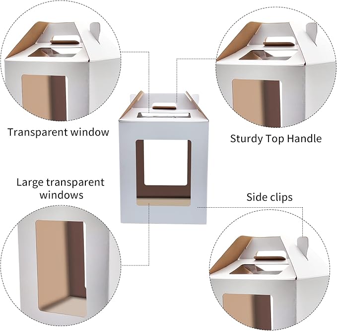KBG Tall Cake Boxes with Window, Tiered Cake Boxes 10x10x12 & 12x12x14 Inch, Cake Carrier with 2 Cake Boards, Disposable Containers for 10 & 12 Inch