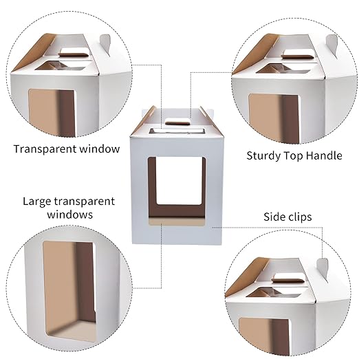 KBG Cake Boxes 6pcs 10x10x12 and 12x12x14 Inches With Window Tall Cake Box for Tier Cakes for Wedding Birthday Transport,Sturdy White Bakery Box Disposable Cake Containers Cake Boxes