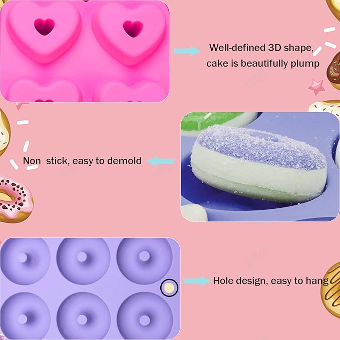 3pcs Silicone Donut Molds for Baking Round/Heart/Pumpkin Shaped Donut Pans 6 Cavity Nonstick Mini doughnut Pan BPA Free Heat Resistant Donut Baking Pan Bagels