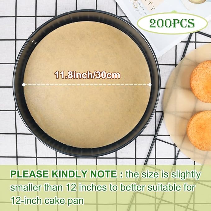 BYKITCHEN 12 Inch Parchment Paper Rounds, Set of 200, Non-Stick Baking Paper for Pizza Maker, Cake Pan and More