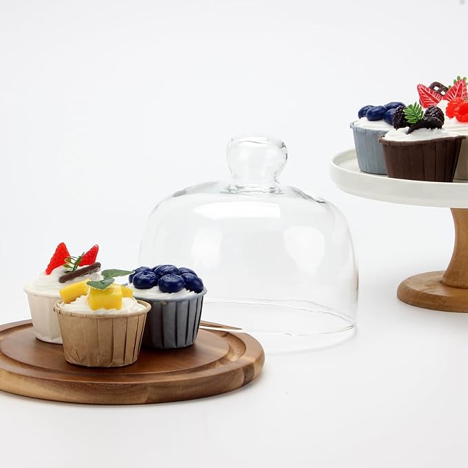 8.6''Cake Stand with Glass Dome, 2-in-1 Acacia Wood Cheese Cupcake Decorative Tray, Glass Dome with Base, 6.6" Cake Fruit Display Server Platter for Kitchen, Party, Appetizer (Wood 8.6 inch)